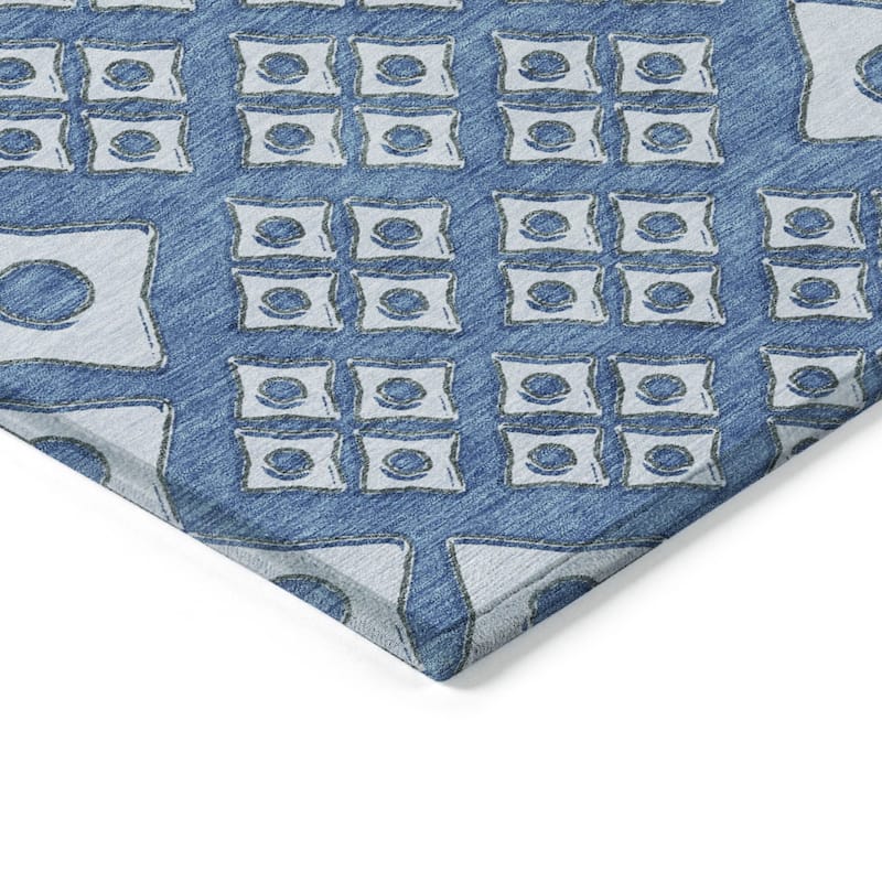 Denim Blue And Light Blue Geometric Washable Indoor Outdoor Area Rug - 3' x 5'