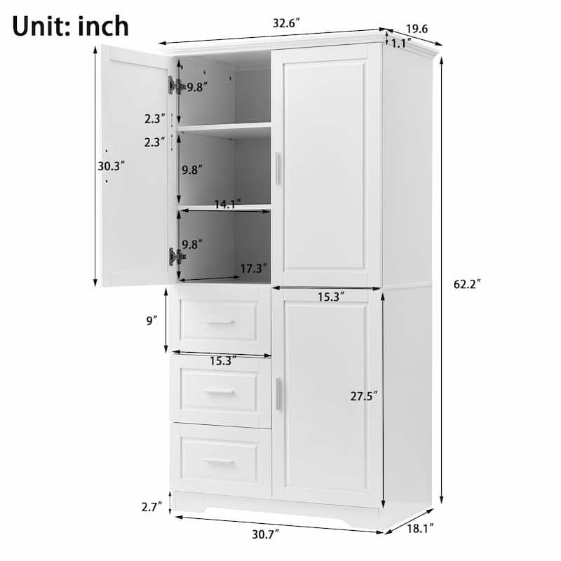 Tall and Wide Storage Cabinet with Doors and Three Drawers