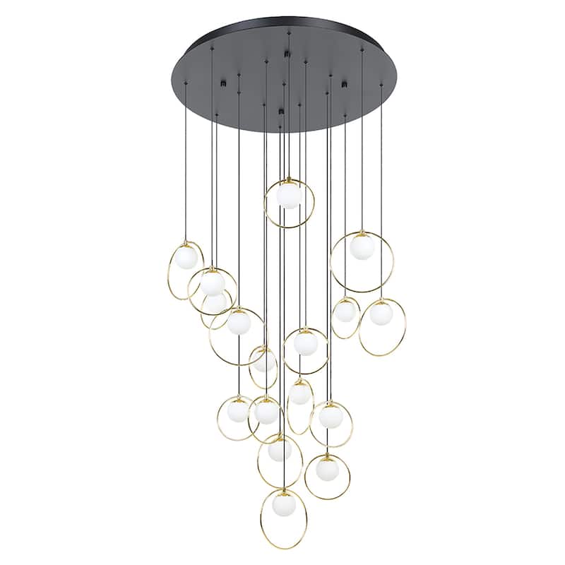 EGLO Portocolom Round Cascade Pendant - Shiny Brass Rings - 17 Lights - Black, Polished Brass