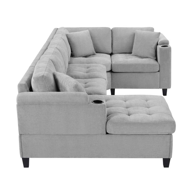 Oversized Corner Sectional, Modern U-Shaped Sectional Sofa with Built-in Storage Boxes and Dual Cup Holders, USB Ports, Pockets