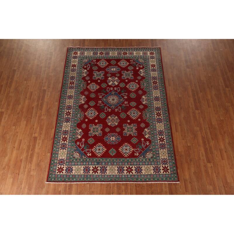 Red Geometric Kazak Oriental Area Rug Hand-Knotted Wool Carpet - 6'8" x 9'7"