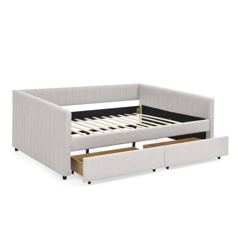 Vertical Stripe Linen Upholstered Sofa Bed Frame Queen Size Daybed U-shaped Captain Bed with Storage Drawers and Curved Arms
