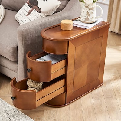 Solid Wood Chairside End Table, Two-Drawer Narrow Side Table Slim