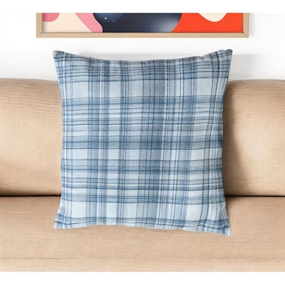 HomeRoots 24" Blue Check Cotton Blend Throw Pillow With Embroidery
