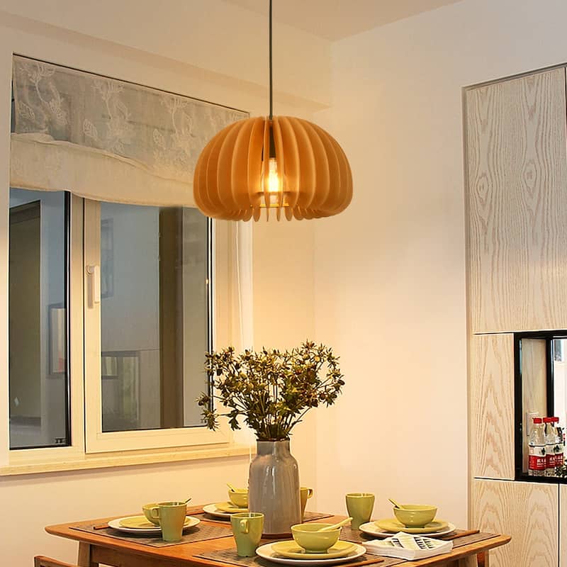 60-Watt 1-Light Brown Pendant Light with Pumpkin Shape for Kitchen Island, Semi Flush Mount Chandelier for Dining Room