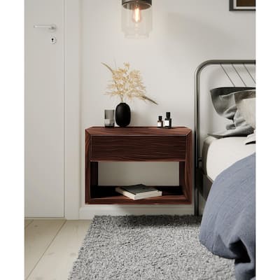 Solid Walnut Hardwood Floating Nightstand Side Table - Mid Century Modern Bedside Tables With 1 Drawer