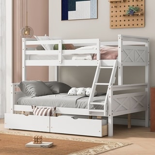 White Twin over Full Size Pine Wood Bunk Bed with Ladder, Two Storage Drawers, Safety Guardrail