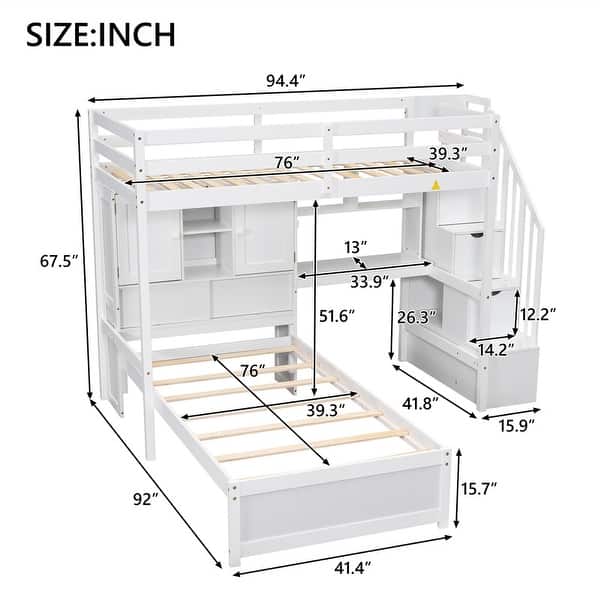 dimension image slide 0 of 2, Twin over Twin Bunk Bed with Built-in Desk and Storage Staircase, L-Shaped Bunk Bedframe with Storage Compartments and Shelves