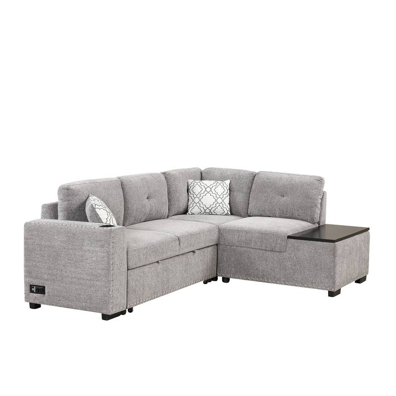 83.8'' L-Shaped 4 Seater Sectional Sofa with Pull-Out Bed, Storage Chaise, USB Ports, Power Sockets, and Cup Holders