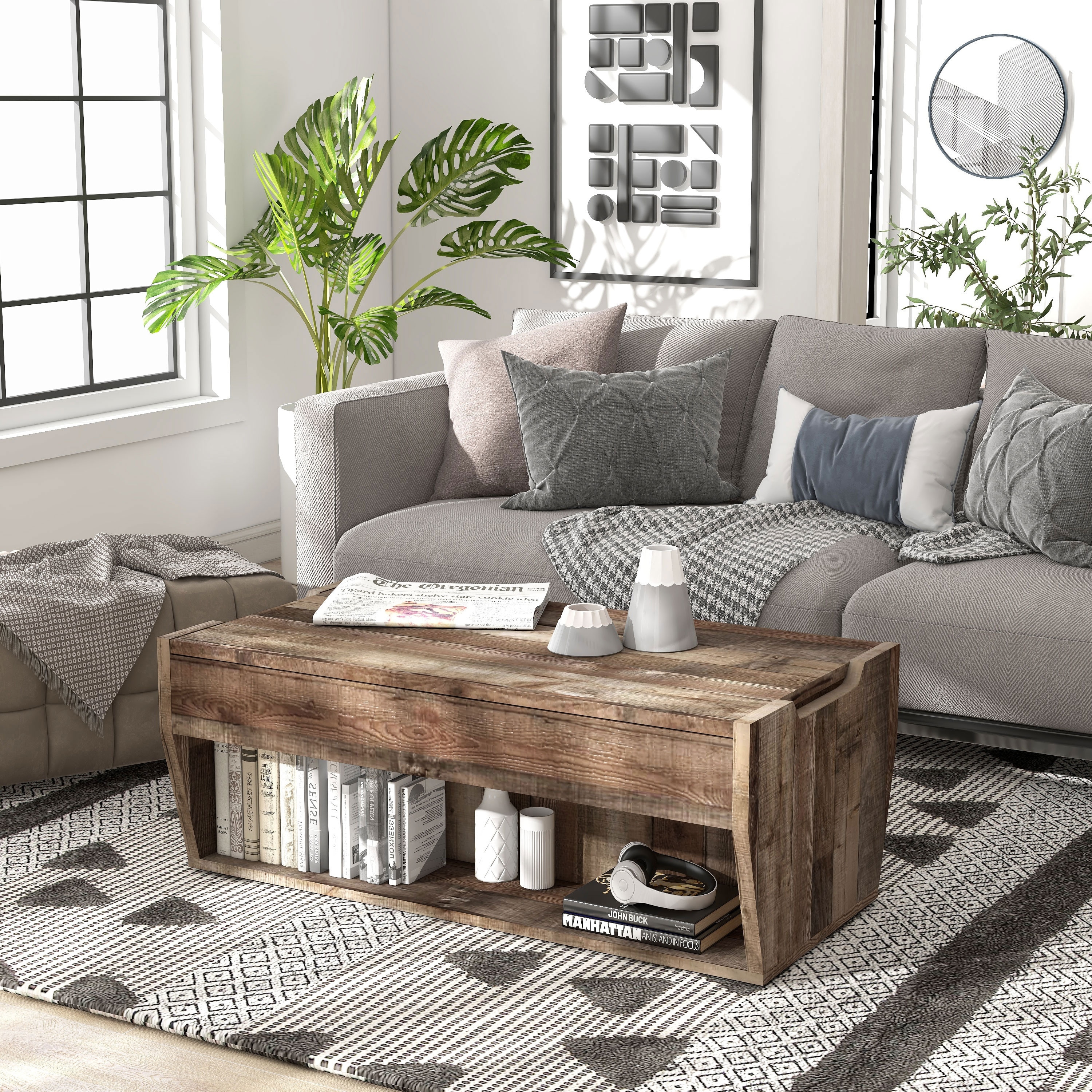 Furniture of America Rere Rustic 41-inch Wood 2-Shelf Lift-top Coffee Table