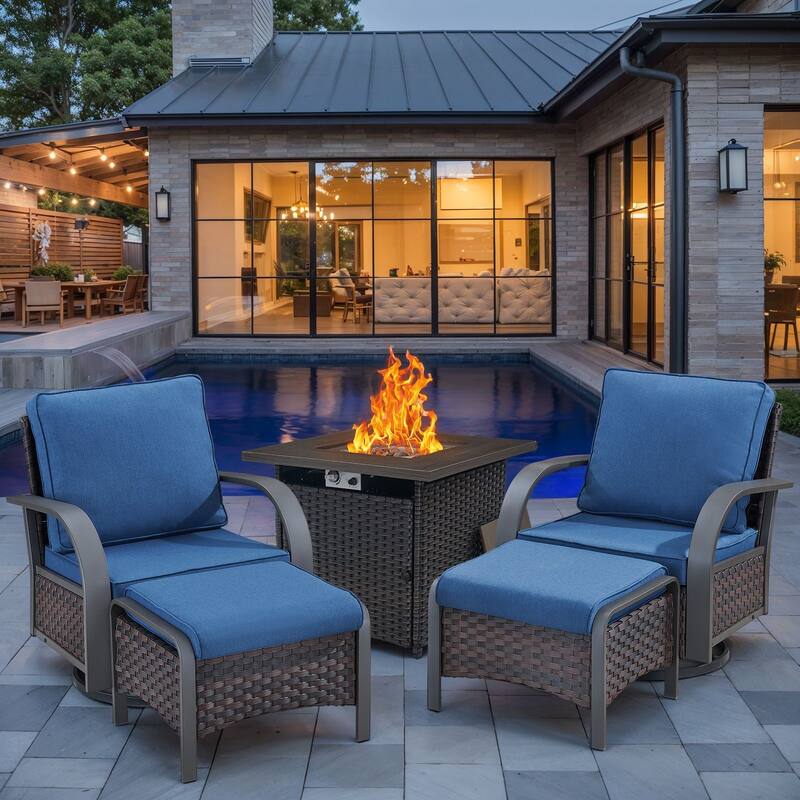 2PCS Glider Chairs 2PCS Ottoman with Propane Fire Pit Table - Blue - Brown