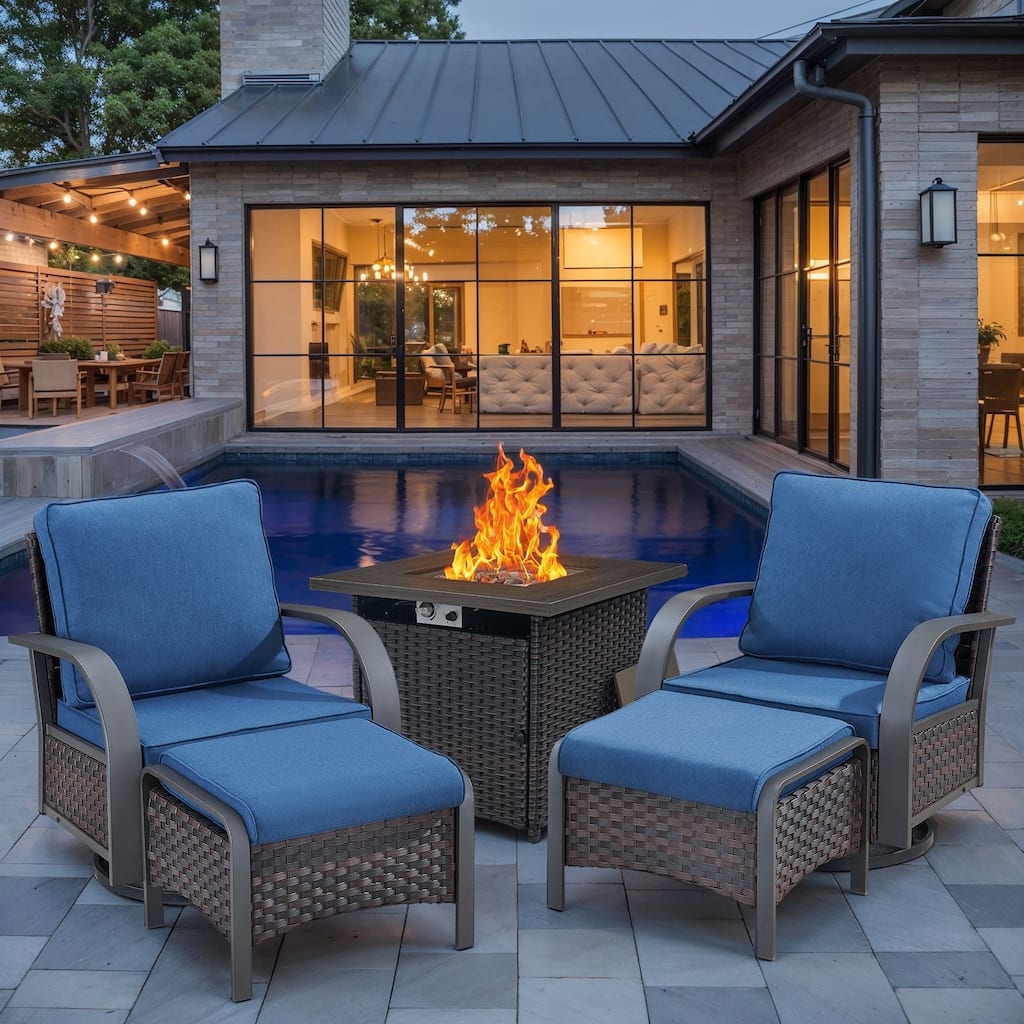 Patio 4Pieces Glider Chairs Ottoman with Fire Pit Table - Blue cushion - Brown