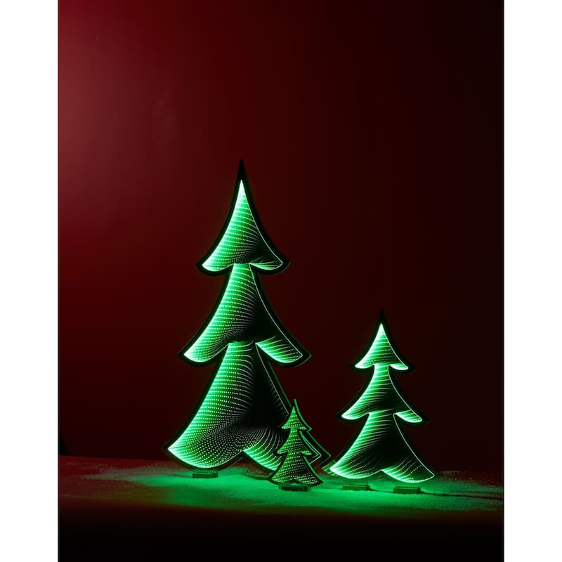 Green Acrylic PET Pine Tree with Infinity Light Effect for Holiday Display - 8.5” x 3” x 11.75” (L x W x H)