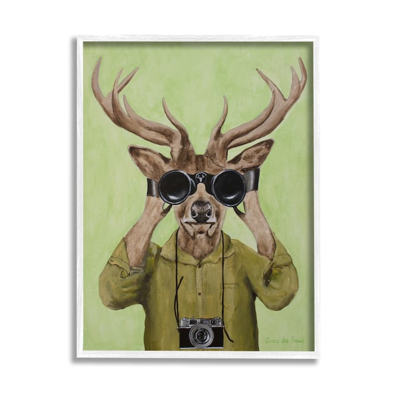 Stupell Funny Cute Deer Binoculars Camera Painting Green Background Framed Wall Art - Brown