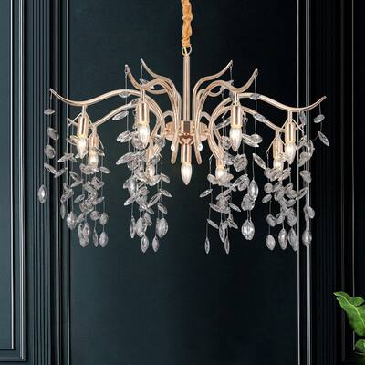 9-Light Brass Chandelier with Hanging Crystal