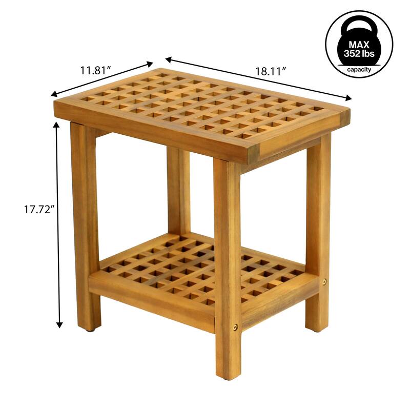 Armin 18.1" Classic Grid Slat Solid Acacia Wood Indoor/Outdoor Shower Stool, By JONATHAN Y - 18.1L x 11.81W x 17.72H