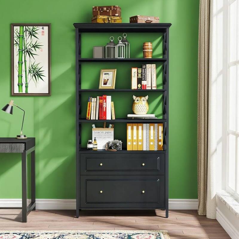 5 Tier Black Bookshelf with 2 Drawers and File Storage Industrial Shelving Unit for Home Office Living Room