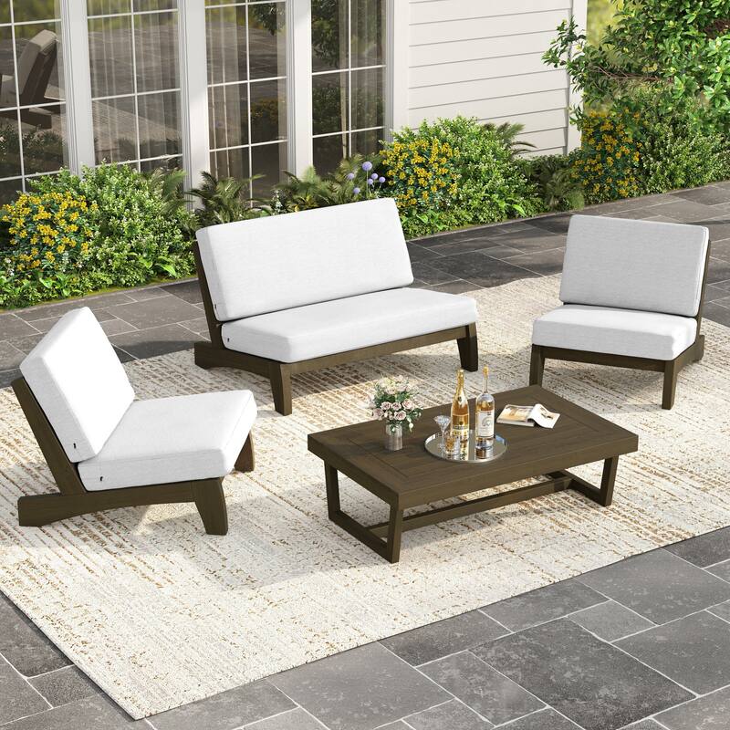 4 Piece Outdoor Wood Loveseat Chair Conversation Set with Cushion