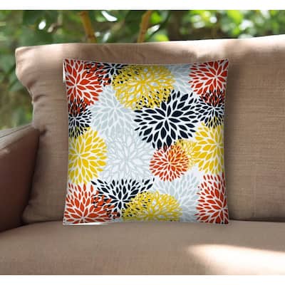 17" Yellow White and Orange Floral Indoor Outdoor Throw Pillow Cover - 17" X 17"
