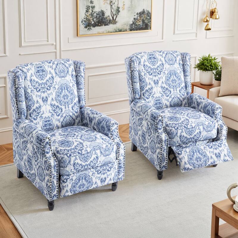 Floral Linen Manual Recliner Chair with Footrest set of 2
