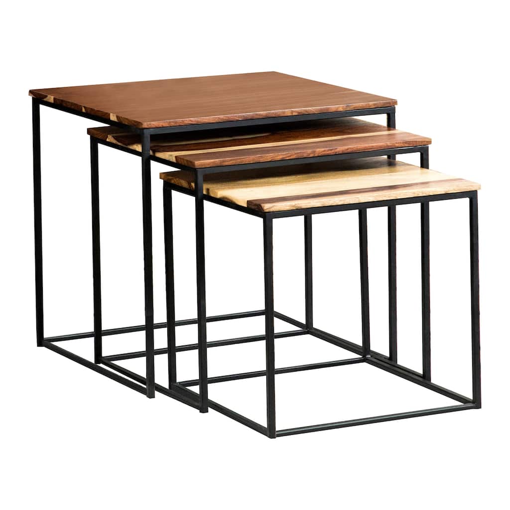 3 Piece Square Nesting Table with Metal Base in Natural and Black