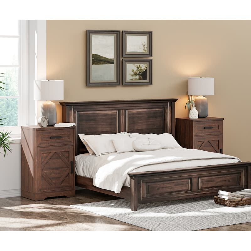 WAMPAT 2 Pack End Table with 1 Drawer & Door for Living Room - Brown