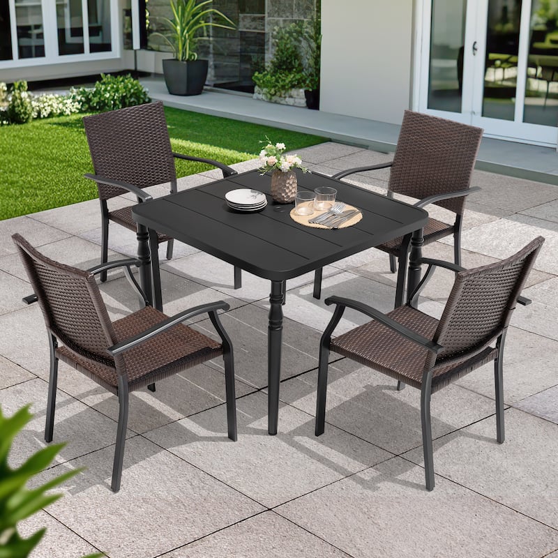Outdoor 5-Piece Metal Wicker Dining Set with 1.6'' Umbrella Hole, Black