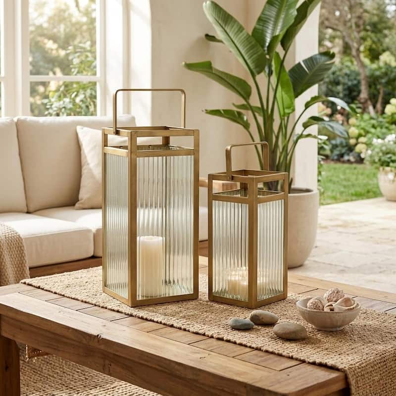 Drusilla Set of 2 Fluted Glass Lanterns - 16" and 12.25" - N/A - Gold