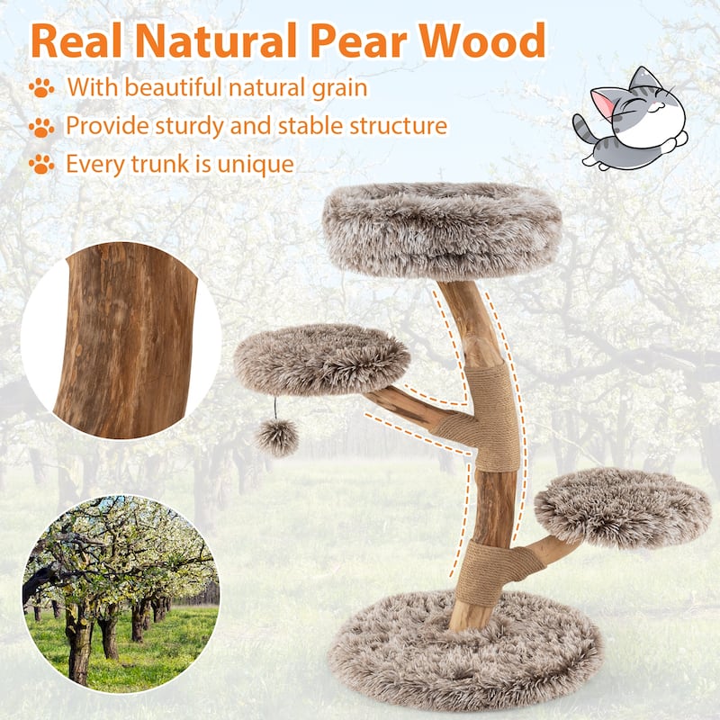 4-Level Cat Tower with Cozy Plush Perches and Natural Wood Base Jute Scratching Posts for Cats