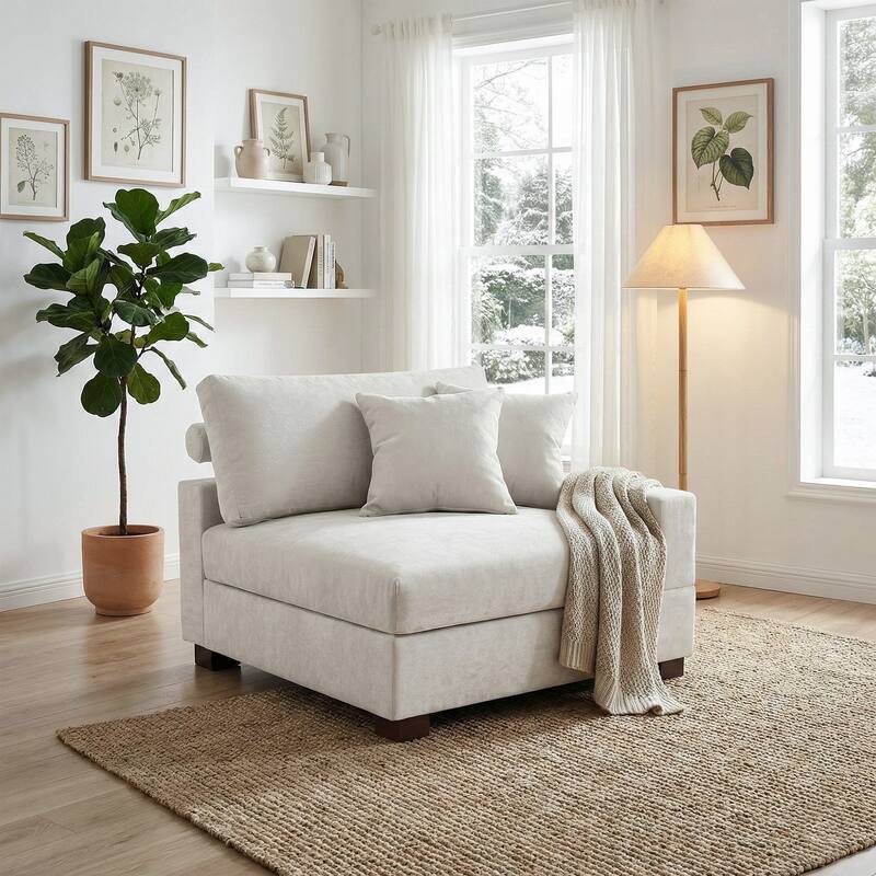 Chenille Upholstered Armless Accent Chair With Plush Cushion - ARMCHAIR - Off-White/right facing