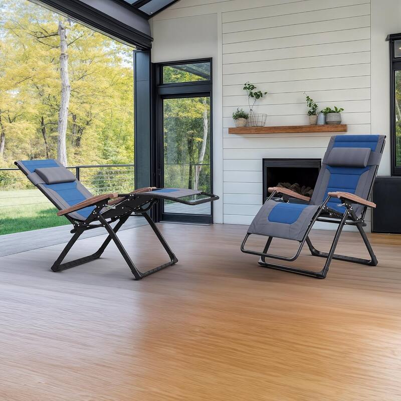 PURPLE LEAF Patio Chaise Lounge Outdoor Beach Pool Sunbathing Lawn Lounger Recliner Chair - Grey&Navyblue,Oversized-Set of 2