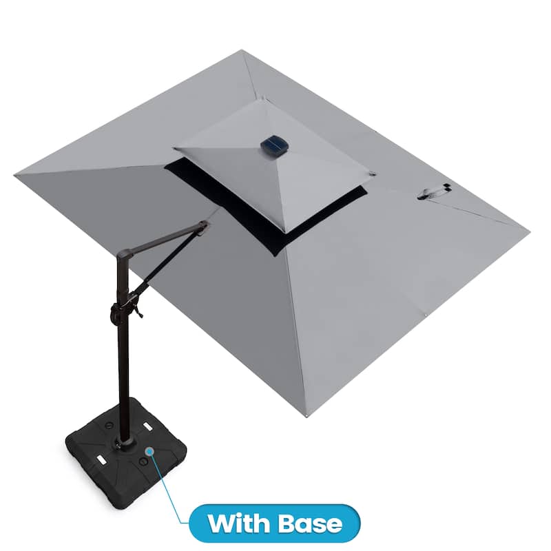 11 ft Outdoor Aluminum Dual Top Solar Powered LED Lighted Patio Cantilever Umbrella and Weighted Base - Dark Grey with Base