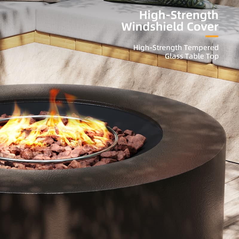 Patio Watcher Outdoor Brown Iron Fire Pit Table with Metal Lid and Propane Tank Cover，Glass Wind Guard Option