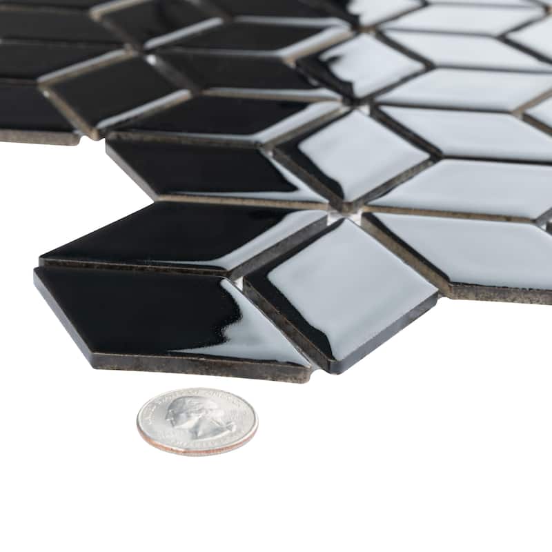 Merola Tile Hudson Rhombus Glossy Black 10-1/4" x 11-3/4" Porcelain Mosaic Floor and Wall Tile