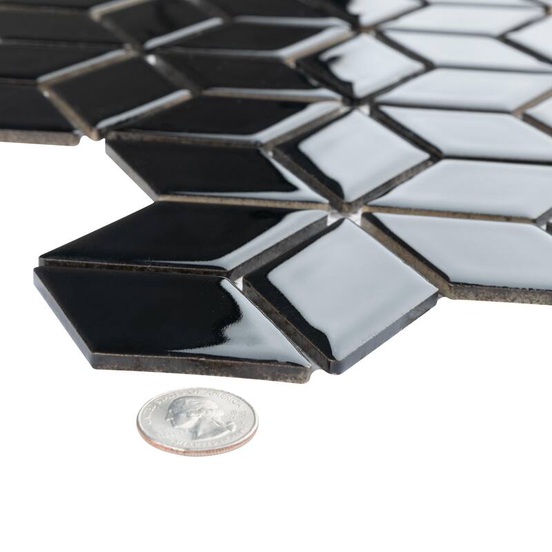 Merola Tile Hudson Rhombus Glossy Black 10-1/4" x 11-3/4" Porcelain Floor and Wall Tile