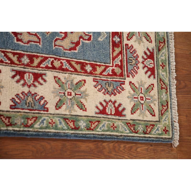 Blue Geometric Kazak Oriental Accent Rug Handmade Wool Carpet - 3'4"x 5'0"