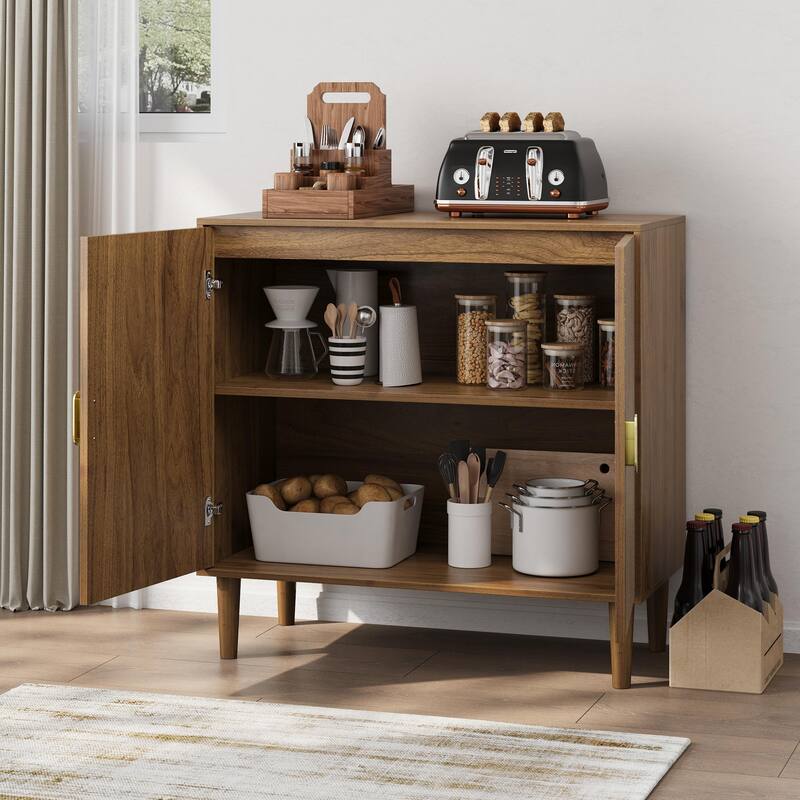 Walnut 31.5" Wood Buffet Cabinet with Line Groove Design