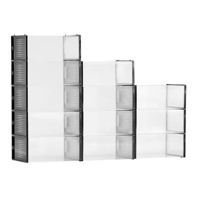 Black Stackable Shoe Storage Boxes with Clip-Lock Doors and Ventilation - 13.1 x 9.1 x 5.7 in