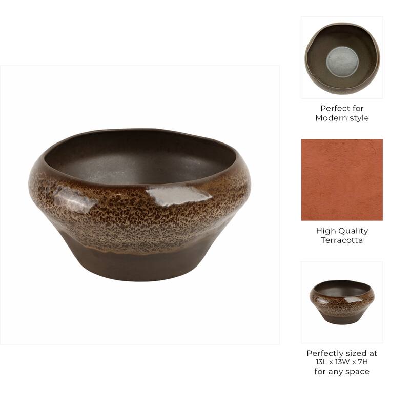 Terracotta Bowl Glazed Rustic Accent for Home Office - 7" Brown - 13" x 13" x 7"