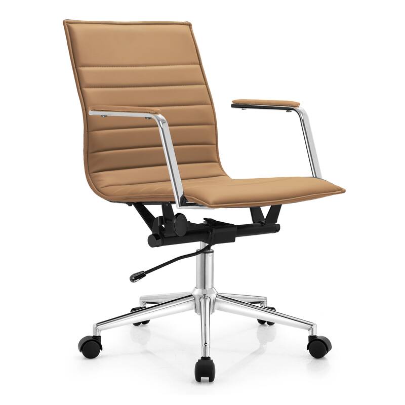Modern Office Desk Chair | Upholstered PU Leather Ribbed Mid Back with Metal Frame | Adjustable Height, Tilt Lock - N/A