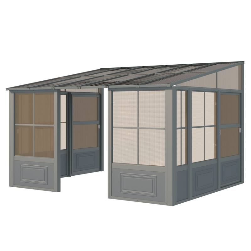 Erommy Outdoor Solarium Sunroom, Patio Hardtop Gazebo, Aluminum Frame Permanent Gazebo with Sliding Doors and Screens
