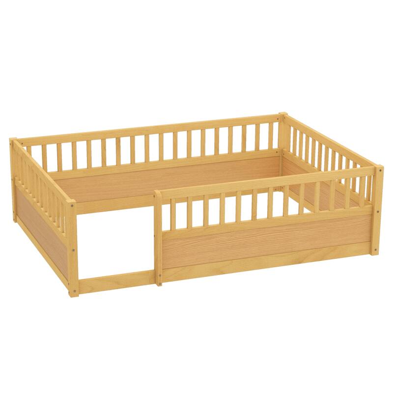 Solid Wood Floor Bed Frame without Slats, Montessori Kids Floor Beds with Full Length Fence, No Box Spring Needed