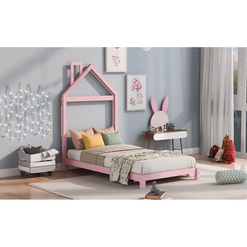 Twin Size Wood Platform Bed with House-shaped Headboard for Kids
