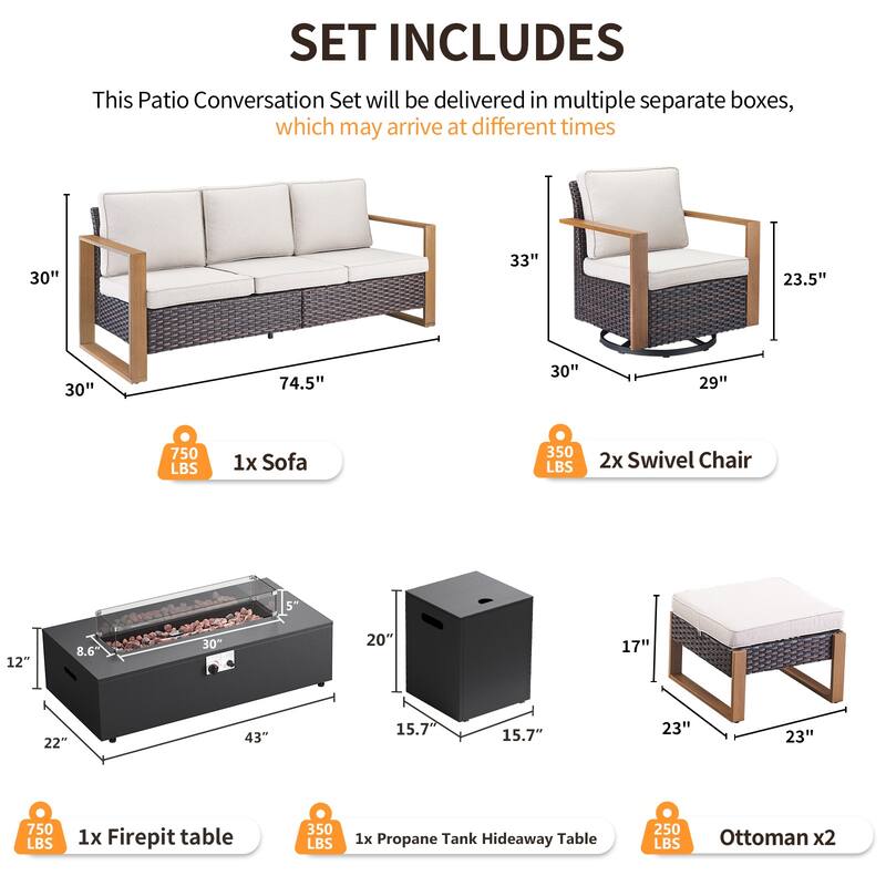 Pocassy 43 In Fire Pit w/ Outdoor Sofa Swivel Chair Ottoman Set