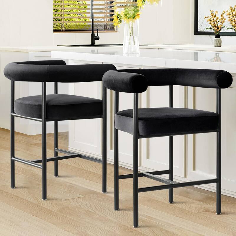 Modern 24" Upholstered Velvet Solid Back Counter Stool with Arms - Black-2-piece - Set of 2