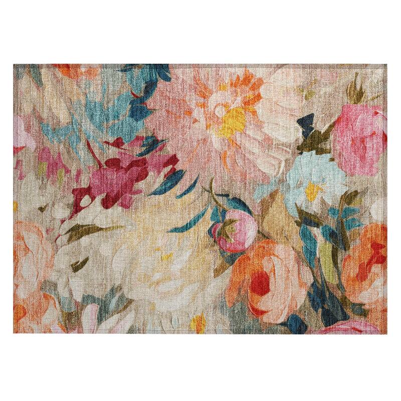 Machine Washable Indoor/ Outdoor Watercolor Floral Chantille Rug