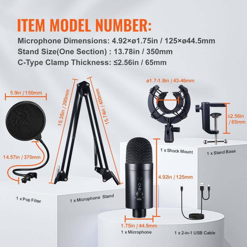 USB Microphone, 192 kHz/24-bit, Professional Condenser Microphone Kit with Boom Arm Stand Pop Filter Shock Mount