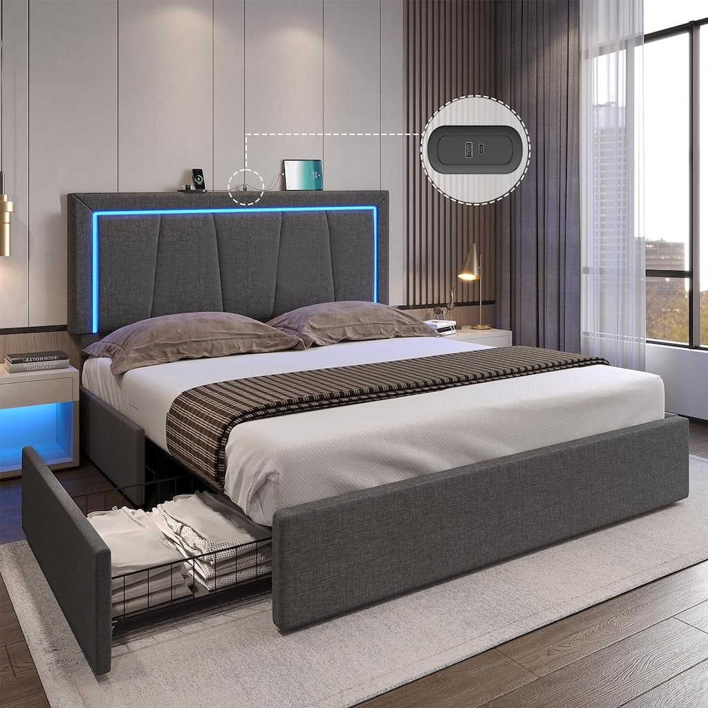 Bed Frame with 4 Storage Drawers1 USB /Type-C Charging Station
