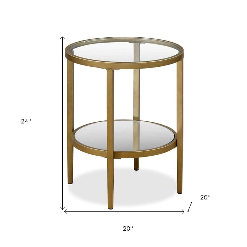 24" Antiqued Brass And Clear Glass And Steel Round Mirrored End Table With Shelf - 20" x 20" x 24"