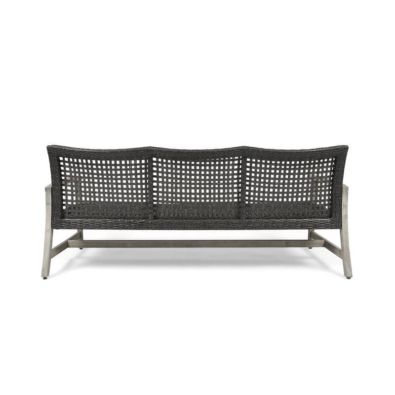 Outdoor Acacia Wood Wicker 3 Seater Sofa, Patio Furniture Conversation Set for Backyard